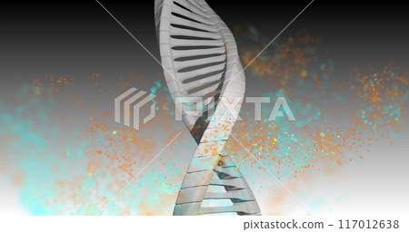 DNA strand with colorful particles, scientific data processing image DNA strand with colorful particles, scientific data processing image 117012638