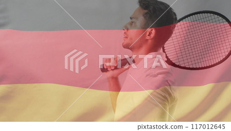 Image of flag of germany over caucasian male tennis player 117012645