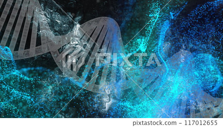 DNA strand and molecular structure image over blue and turquoise background DNA strand and molecular structure image over blue and turquoise background 117012655