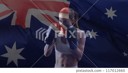 Image of flag of australia over caucasian female boxer 117012660