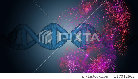 DNA strand with particles and glowing effects, scientific data processing image 117012662