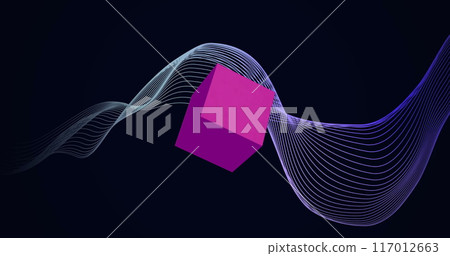Image of purple cube and waving layers on black background 117012663