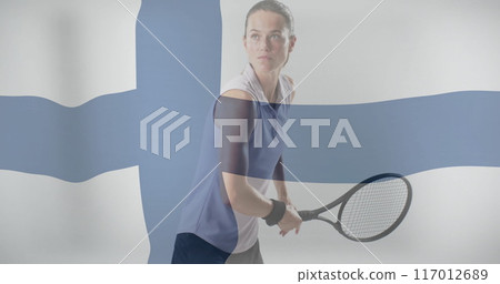Image of flag of finland over caucasian female tennis player Image of flag of finland over caucasian female tennis player 117012689