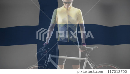 Image of flag of finland over caucasian female cyclist 117012700