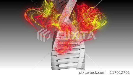 DNA strand with glowing red and yellow data processing image DNA strand with glowing red and yellow data processing image 117012701