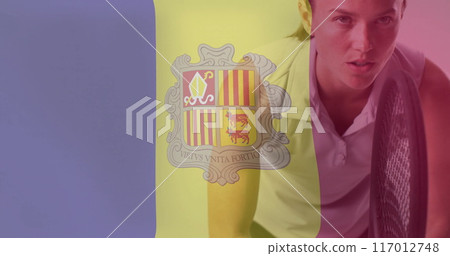 Image of flag of andorra over caucasian female tennis player 117012748