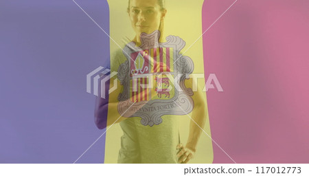 Image of flag of andorra over caucasian female baseball player Image of flag of andorra over caucasian female baseball player 117012773