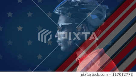 Image of flag of usa over african american male cyclist Image of flag of usa over african american male cyclist 117012778