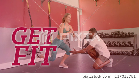 Image of get fit text over diverse man and woman exercising in gym Image of get fit text over diverse man and woman exercising in gym 117012791