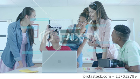 Image of ai data processing over diverse students at school 117012799