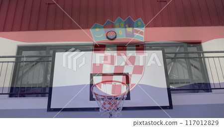 Image of flag of croatia over basketball court 117012829