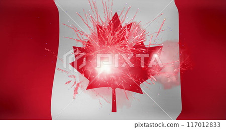 Image of fireworks exploding over flag of canada Image of fireworks exploding over flag of canada 117012833