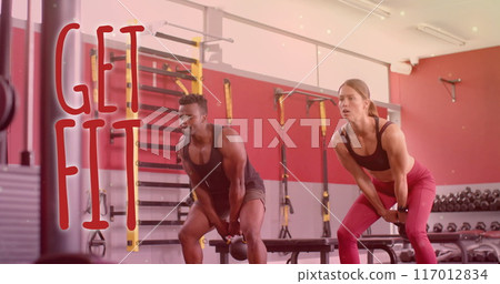 Image of get fit text over diverse man and woman exercising in gym Image of get fit text over diverse man and woman exercising in gym 117012834