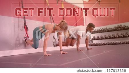Image of get fit don't quit text over diverse man and woman exercising in gym Image of get fit don't quit text over diverse man and woman exercising in gym 117012836