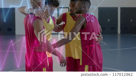 Image of digital data processing over diverse basketball players on court 117012862