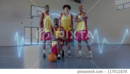 Image of digital data processing over diverse basketball players on court Image of digital data processing over diverse basketball players on court 117012878