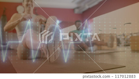 Image of data processing over diverse man and woman exercising in gym 117012883