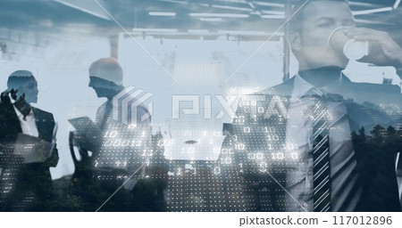 Image of binary coding data processing over diverse business people in office Image of binary coding data processing over diverse business people in office 117012896