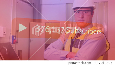Play button and subscriber count image over construction worker in safety gear 117012897