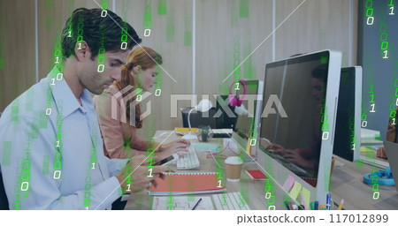 Image of binary coding data processing over diverse business people in office 117012899