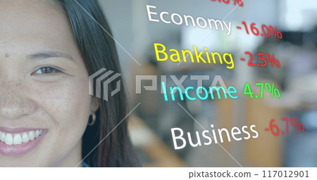 Image of financial data processing over biracial businesswoman in office 117012901