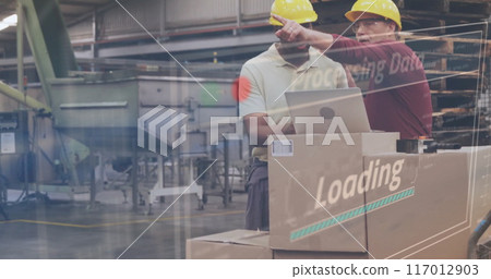 Processing data and loading image over workers handling packages in warehouse Processing data and loading image over workers handling packages in warehouse 117012903
