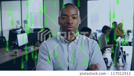 Image of binary coding data processing over diverse business people in office Image of binary coding data processing over diverse business people in office 117012912