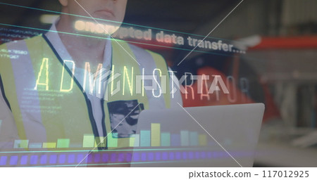 Encrypted data transfer image over man in high-visibility vest using laptop Encrypted data transfer image over man in high-visibility vest using laptop 117012925
