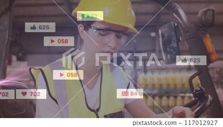 Social media notifications image over factory worker using handheld device Social media notifications image over factory worker using handheld device 117012927