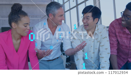 Image of binary coding data processing over diverse business people in office 117012934