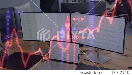 Image of financial data processing over computers on office desk Image of financial data processing over computers on office desk 117012948