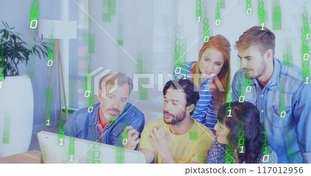 Image of binary coding data processing over diverse business people in office Image of binary coding data processing over diverse business people in office 117012956