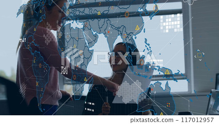 Image of data processing over diverse business people in office 117012957