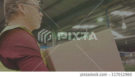 Man in warehouse walking, DOWNLOAD text image over scene 117012960