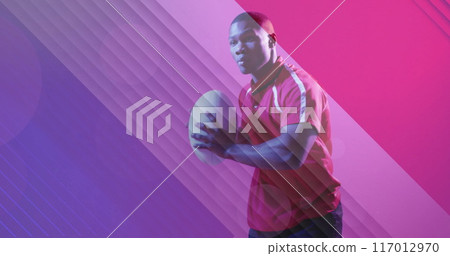 Image of flag of france over african american male rugby player running 117012970