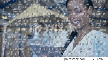 Image of binary coding data processing over diverse business people in office 117012975