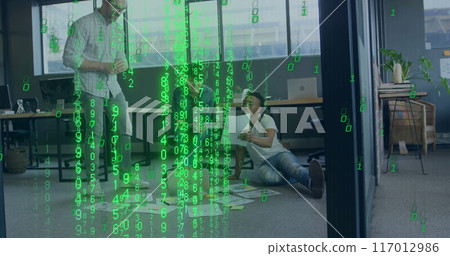 Image of binary coding data processing over diverse business people in office 117012986