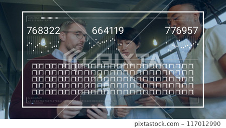 Image of data processing over diverse business people in office 117012990
