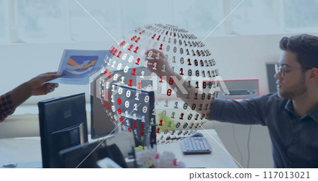 Image of binary coding with globe over diverse business people in office Image of binary coding with globe over diverse business people in office 117013021