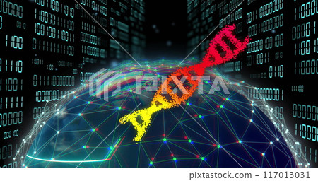 Image of dna strands over globe of connections and data processing on black background 117013031