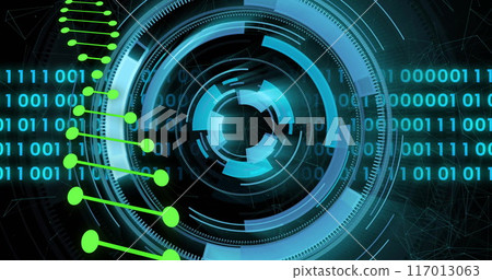 Image of dna strand over data processing and scope scanning on black background 117013063
