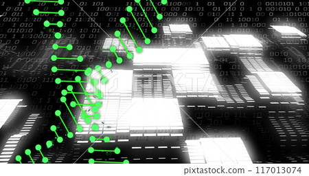Image of dna strands over data processing and shapes on black background 117013074