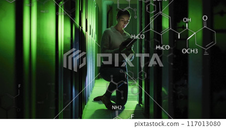 Image of scientific data processing over caucasian female it technician by servers 117013080