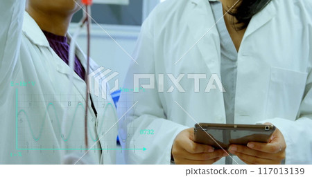 Image of scientific data processing over diverse scientists in laboratory Image of scientific data processing over diverse scientists in laboratory 117013139