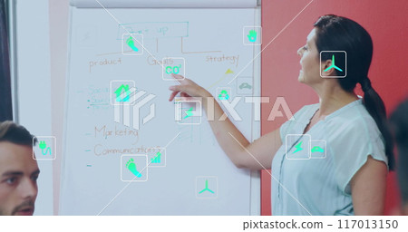 Image of ecology icons over diverse colleagues at meeting in office Image of ecology icons over diverse colleagues at meeting in office 117013150