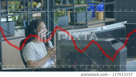 Image of financial data processing over asian businesswoman in office 117013157
