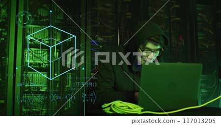 Image of scientific data processing over asian male it technician by servers 117013205