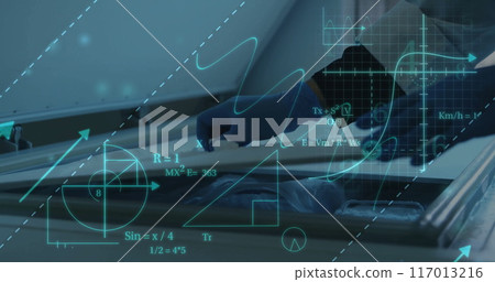Image of scientific data processing over caucasian female scientist in laboratory Image of scientific data processing over caucasian female scientist in laboratory 117013216