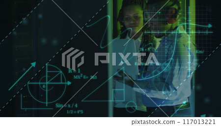 Image of scientific data processing over diverse it technicians by servers 117013221