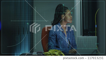 Image of scientific data processing over biracial businesswoman using laptop 117013231
